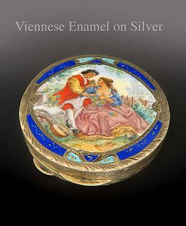 19th Century Enamel On Silver Vanity Powder Box Viennese