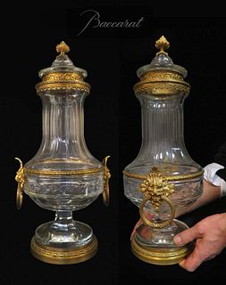 Large 19th C. Pair Baccarat Crystal Bronze Mounted Urns / Vases