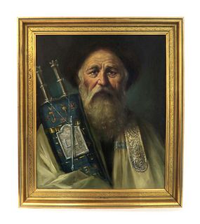 Magnificent 19th C. Judaica Oil on Canvas of Rabbi