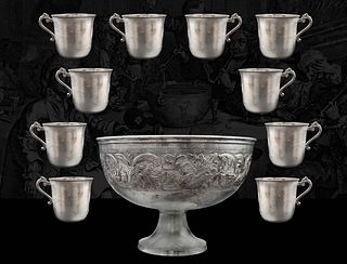 20th C. Silver Plated Punch Bowl with Ten Cups