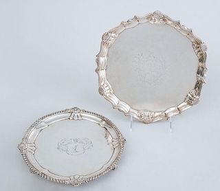 GEORGE II ARMORIAL SILVER SALVER AND A GEORGE III CRESTED SILVER TRIPOD SALVER