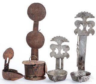 Iron and tin fat lamps, 19th c.