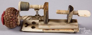 Elaborate carved bone sewing pin cushion clamp