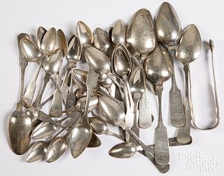 Coin silver spoons and sugar tongs