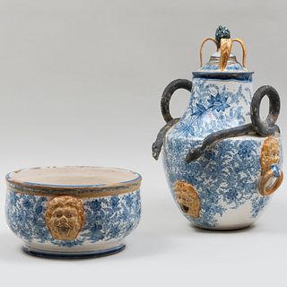 Spanish Faience Cistern, Cover and Basin with Snake Handles