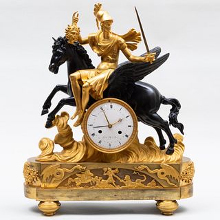 Late Empire Ormolu and Patinated-Bronze Mantel Clock of Perseus Holding Medusa's Head on Pegasus
