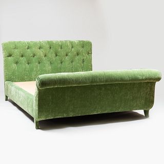 Custom Green Cotton Linen Velvet Tufted Upholstered Bed, Designed by Stephen Bastone