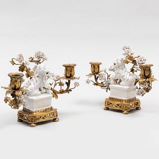 Pair of White Glazed Porcelain and Ormolu-Mounted Two-Light Candelabra