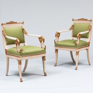 Pair of North European Neoclassical Painted and Parcel-Gilt Armchairs 