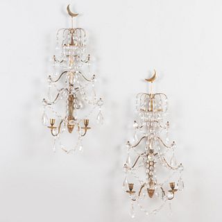 Pair of Large Continental Neoclassical Gilt-Metal and Cut-Glass Two-Light Sconces, Possibly Scandinavian
