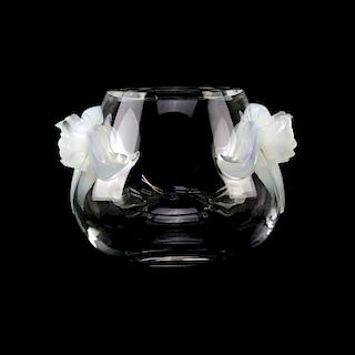 Lalique France "Orchidee" Crystal Vase with Opalescent Mock Flower Handles.