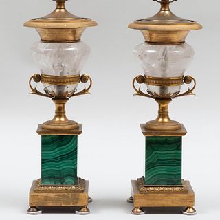 Pair of Continental Gilt-Metal Mounted Malachite and Rock Crystal Lamps
