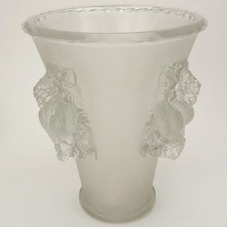 Rene Lalique, France Art Deco Frosted and Clear Glass Vase with Relief Dove and Leaf Handles.