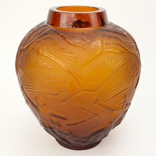 Rene Lalique, France Art Deco Frosted and Clear Amber Glass "Archer's" Vase.