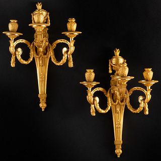 Pair of Louis XVI Style Gilt-Bronze Three-Light Wall Sconces