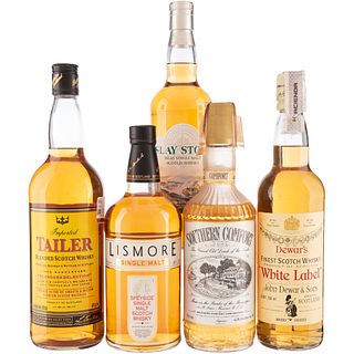 Licor y Whisky. a) Southern Comfort. b) Islay Storm. c) Tailer Imperial. d) Lismore. e) Dewar's. Total de piezas: 5.