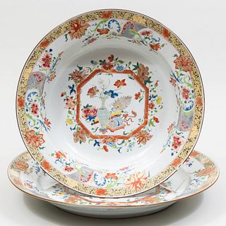 Large Chinese Export Famille Rose Porcelain Basin and a Charger