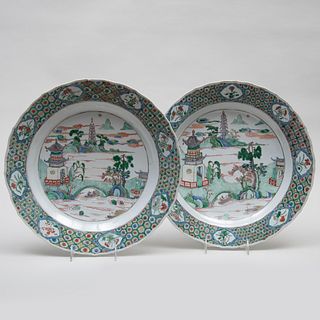 Pair of Famille Verte Porcelain Chargers with River Landscapes