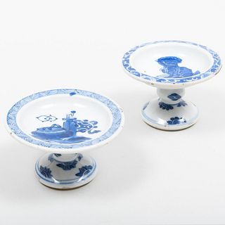 Two Similar Chinese Blue and White Porcelain Pedestal Salts