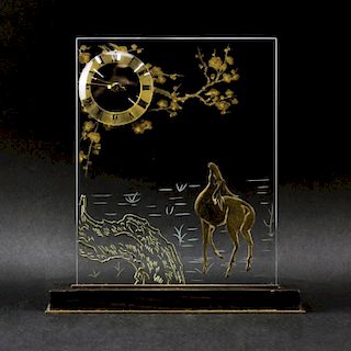 French Art Deco Glass and Brass Mantle Clock. Depicts a deer near water, applied brass