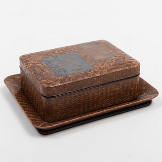 Japanese Woven Table Box Inset with Metal Plaques on Tray