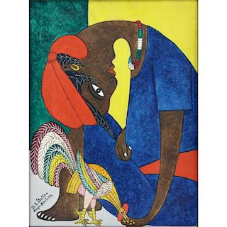 Seymour E. Bottex, Haitian (1922-2016) Cap-Haitien Oil on Canvas, Whimsical Girl Feeding Rooster