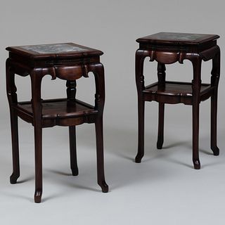Pair of Chinese Carved Hardwood and Inset Marble Tables