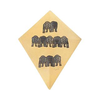 FRANCISCO TOLEDO, Elefantes, papalote, Firmado, Esténcil y troquel sobre papel hecho a mano sin número de tiraje, 71 x 57 cm totales
