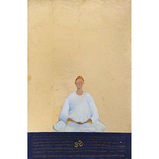 JORGE GARCÍA SAINZ, Mujer meditando, Sin firma, Óleo y hoja de oro sobre madera, 61 x 40 cm