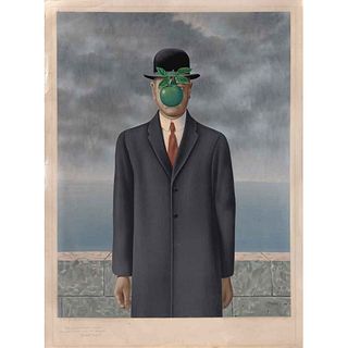 RENÉ MAGRITTE, El hijo del hombre, 1973, Firmada por Georgette Magritte, Litografía E.A, ed. póstuma, 90 x 67 cm medidas totales