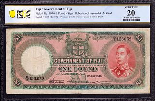 1940 1 POUND GOVERNMENT OF FIJI PICK 39C KING GEORGE VI PCGS B VERY FINE 20