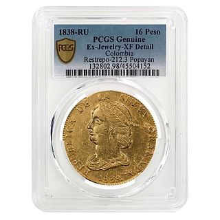 1838-RU Colombia 16 Pesos Gold Coin PCGS XF Detail