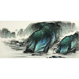20th Century Chinese Watercolor on Paper. Mountain Landscape with Fisherman