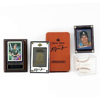Vintage Sports Memorabilia Including a Mickey Mantle Signed Baseball, Mark McQwire Baseball card, Jose Canseco Baseball card and Michael Jordan