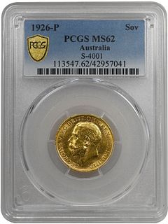 1926 P Australia Gold Sovereign Coin Scarce Date + Mint PCGS MS62 Gold Coin