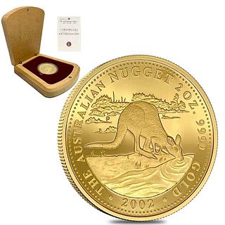 2002 2 oz Proof Gold Australian Kangaroo Nugget Perth Mint Coin .9999 Fine (w/Box & COA)