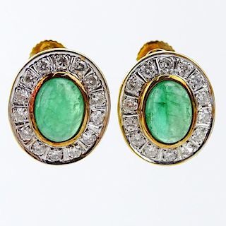 Vintage Cabochon Emerald, Round Brilliant Cut Diamond and 14 Karat Yellow Gold Earrings.