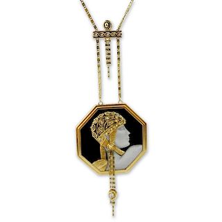Erte, French (1892-1990) Vintage 14 Karat Yellow Gold, Black Onyx, Mother of Pearl and Diamond "Aventurine" Pendant Necklace