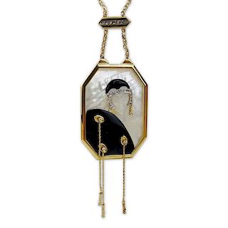 Erte, French (1892-1990) Vintage 14 Karat Yellow Gold, Black Onyx, Mother of Pearl and Diamond "Folies" Pendant Necklace