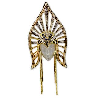 Erte, French (1892-1990) Vintage 14 Karat Yellow Gold, Sterling Silver, Diamond, Sapphire and Mother of Pearl Brooch