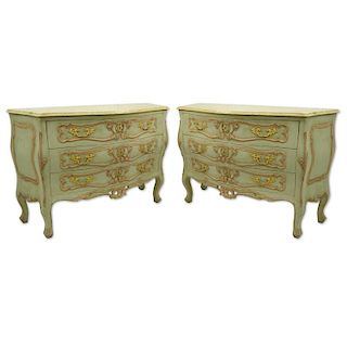 Pair of Louis XV Style Bronze Mounted Hand Painted Bombe 3 Drawer Commodes. Mid 20th century