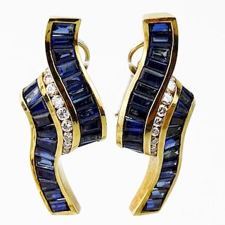 Charles Krypell Sapphire, Diamond and 18 Karat Yellow Gold Three Dimensional Scroll  Earrings