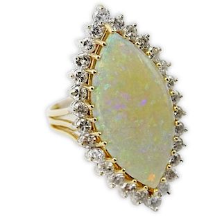 Vintage Marquise Shape White Opal, Approx. 2.50 Carat Round Brilliant Cut Diamond and 14 Karat Yellow Gold Ring