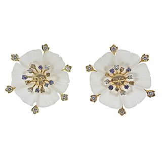 18k Gold Frosted Crystal Diamond Sapphire Moonface Earrings
