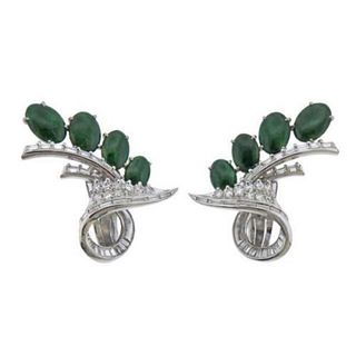 Natural Jadeite Jade Mid Century Diamond Gold Earrings