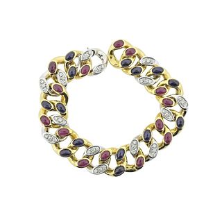 1980s 18k Gold Ruby Sapphire Diamond Link Bracelet