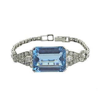 Midcentury Platinum Diamond Blue Stone Bracelet