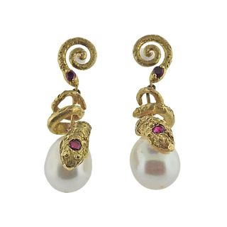 18k Gold Ruby Pearl Snake Drop Earrings