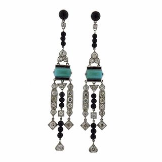 Platinum Diamond Onyx Turquoise Earrings