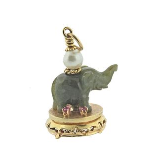 14k Gold Carved Nephrite Elephant Pearl Ruby Pendant